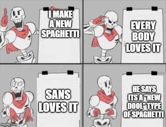 *help i have done it | EVERY BODY LOVES IT; I MAKE A NEW SPAGHETTI; SANS LOVES IT; HE SAYS ITS A "NEW DOOL" TYPE OF SPAGHETTI | image tagged in papyrus plan,undertale,sans joke,bad pun | made w/ Imgflip meme maker
