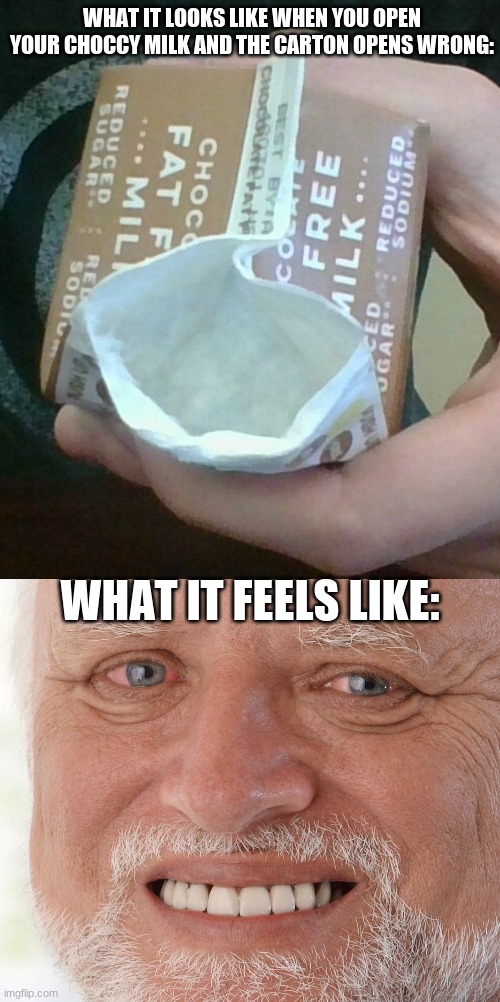 Yes. that is my hand, and my shirt (SHIRT AND HAND REVEAL!!!!!!!!!!!!!!!!!!!!!!!!) | WHAT IT LOOKS LIKE WHEN YOU OPEN YOUR CHOCCY MILK AND THE CARTON OPENS WRONG:; WHAT IT FEELS LIKE: | image tagged in hide the pain harold,hand reveal,shirt reveal | made w/ Imgflip meme maker