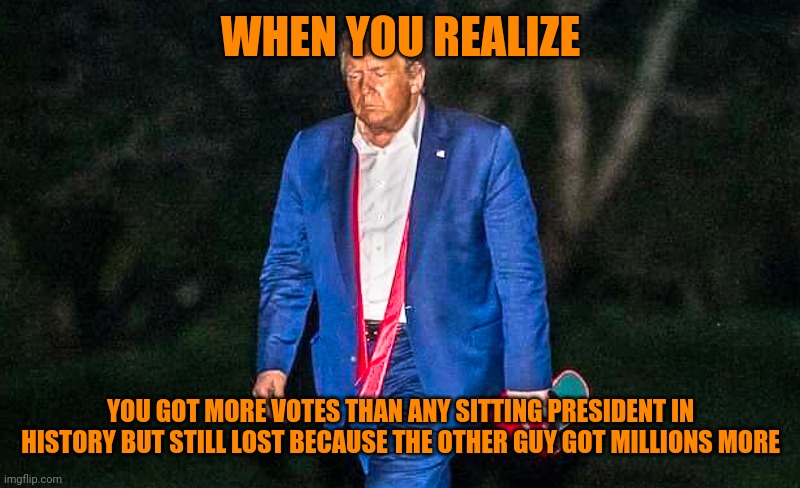Defeated Trump Meme | WHEN YOU REALIZE; YOU GOT MORE VOTES THAN ANY SITTING PRESIDENT IN HISTORY BUT STILL LOST BECAUSE THE OTHER GUY GOT MILLIONS MORE | image tagged in defeated trump meme | made w/ Imgflip meme maker