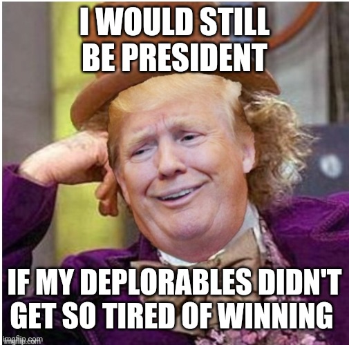 Wonka Trump | I WOULD STILL BE PRESIDENT; IF MY DEPLORABLES DIDN'T GET SO TIRED OF WINNING | image tagged in wonka trump | made w/ Imgflip meme maker