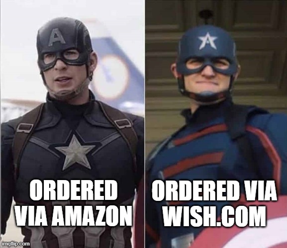 Amazon vs. Wish | ORDERED VIA AMAZON; ORDERED VIA
WISH.COM | image tagged in notmycap | made w/ Imgflip meme maker