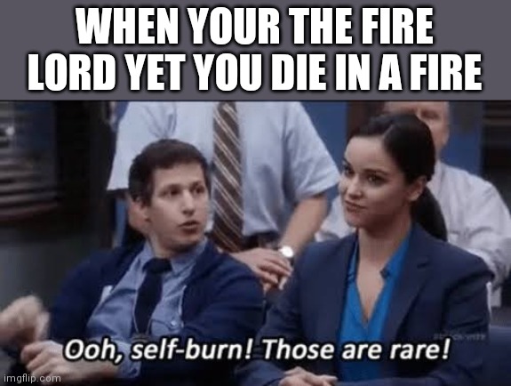A avatar joke | WHEN YOUR THE FIRE LORD YET YOU DIE IN A FIRE | image tagged in ooh self-burn those are rare | made w/ Imgflip meme maker