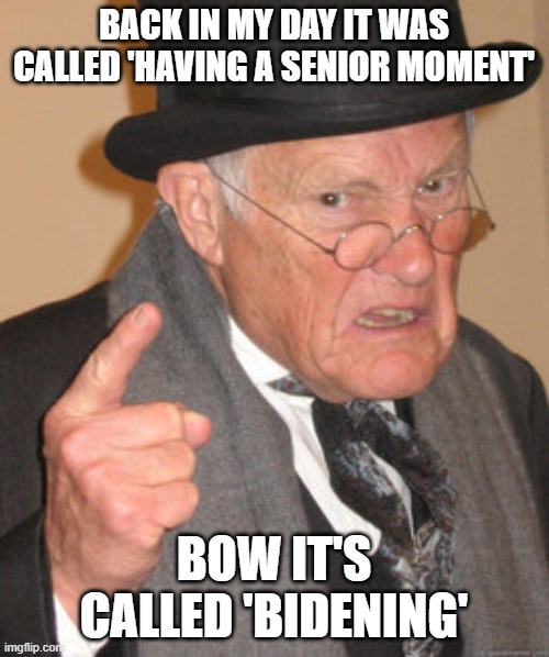 Back In My Day Meme | BACK IN MY DAY IT WAS CALLED 'HAVING A SENIOR MOMENT'; BOW IT'S CALLED 'BIDENING' | image tagged in memes,back in my day | made w/ Imgflip meme maker