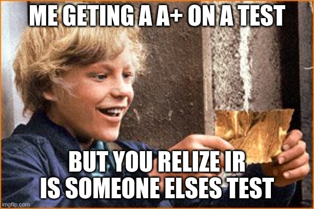 The Golden Ticket |  ME GETING A A+ ON A TEST; BUT YOU RELIZE IR IS SOMEONE ELSES TEST | image tagged in the golden ticket | made w/ Imgflip meme maker