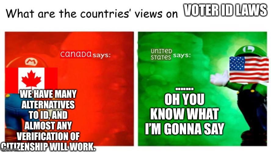 What are the countries' views on | VOTER ID LAWS; WE HAVE MANY ALTERNATIVES TO ID, AND ALMOST ANY VERIFICATION OF CITIZENSHIP WILL WORK. ....... OH YOU KNOW WHAT I’M GONNA SAY | image tagged in what are the countries' views on | made w/ Imgflip meme maker