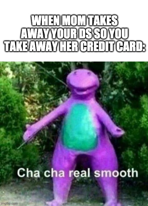 WHEN MOM TAKES AWAY YOUR DS SO YOU TAKE AWAY HER CREDIT CARD: | image tagged in memes,blank transparent square,cha cha real smooth | made w/ Imgflip meme maker