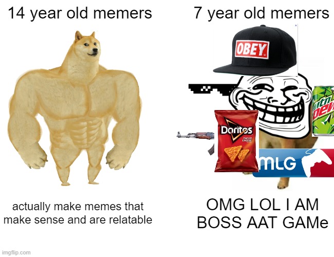 2014 be like | 14 year old memers; 7 year old memers; actually make memes that make sense and are relatable; OMG LOL I AM BOSS AAT GAMe | image tagged in memes,buff doge vs cheems | made w/ Imgflip meme maker