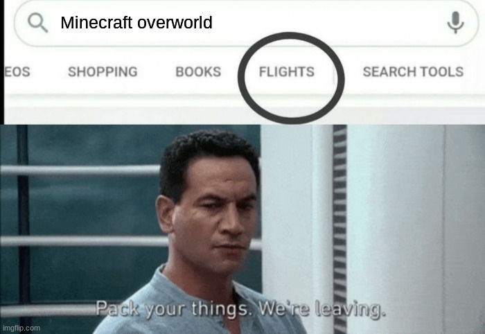 I hope there isn't a layover at the Fortnite island. | Minecraft overworld | image tagged in pack your things google flights,minecraft | made w/ Imgflip meme maker