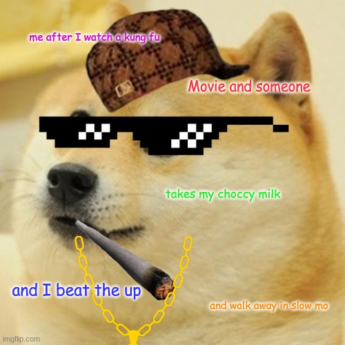 Every boy after watching a Kung-Fu movie | me after I watch a kung fu; Movie and someone; takes my choccy milk; and I beat the up; and walk away in slow mo | image tagged in memes,doge | made w/ Imgflip meme maker