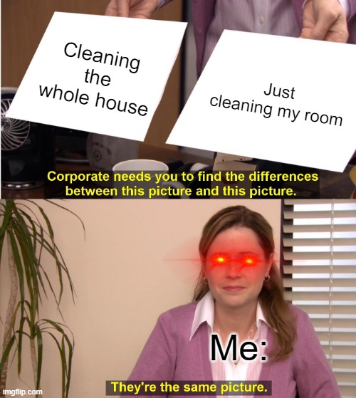 N   o . | Cleaning the whole house; Just cleaning my room; Me: | image tagged in memes,they're the same picture | made w/ Imgflip meme maker