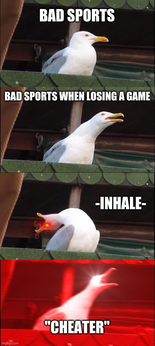 Inhaling Seagull Meme | BAD SPORTS; BAD SPORTS WHEN LOSING A GAME; -INHALE-; "CHEATER" | image tagged in memes,inhaling seagull | made w/ Imgflip meme maker