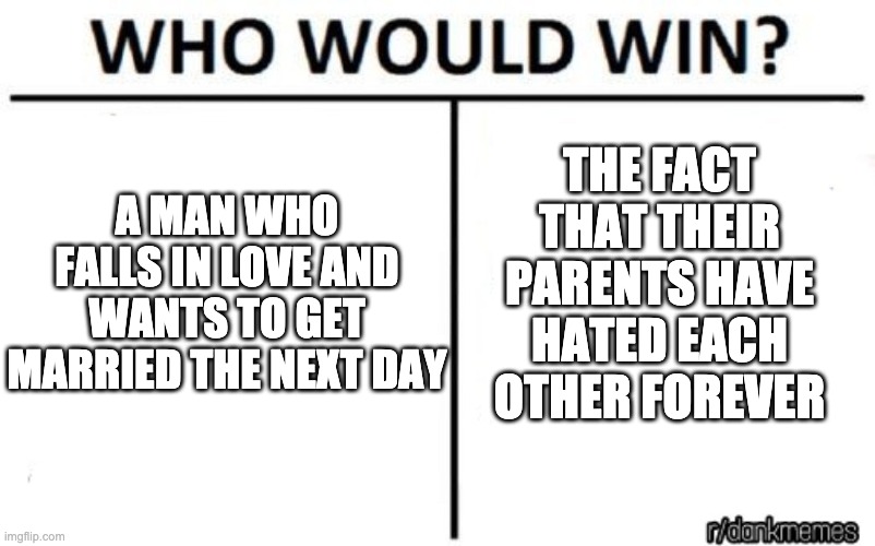 Romeo and Juliet project | THE FACT THAT THEIR PARENTS HAVE HATED EACH OTHER FOREVER; A MAN WHO FALLS IN LOVE AND WANTS TO GET MARRIED THE NEXT DAY | image tagged in school,i guess u can use this | made w/ Imgflip meme maker