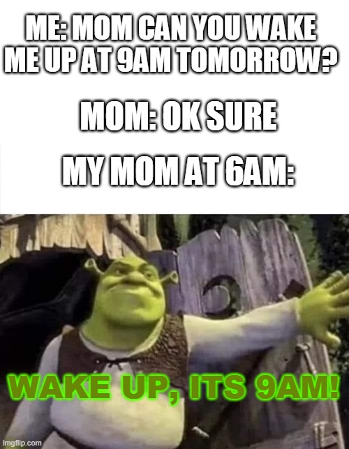 I HAVE BEEN BETRAYED BY MY OWN ANCESTOR! | ME: MOM CAN YOU WAKE ME UP AT 9AM TOMORROW? MOM: OK SURE; MY MOM AT 6AM:; WAKE UP, ITS 9AM! | image tagged in shrek opens the door | made w/ Imgflip meme maker