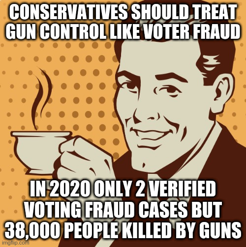 200+ new voter fraud laws for 2 actual cases | CONSERVATIVES SHOULD TREAT GUN CONTROL LIKE VOTER FRAUD; IN 2020 ONLY 2 VERIFIED VOTING FRAUD CASES BUT 38,000 PEOPLE KILLED BY GUNS | image tagged in mug approval,dipshit,dumb | made w/ Imgflip meme maker