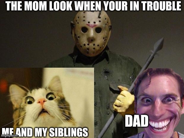 the mom look | THE MOM LOOK WHEN YOUR IN TROUBLE; DAD; ME AND MY SIBLINGS | image tagged in we all know it | made w/ Imgflip meme maker