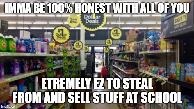 Dollar Store | IMMA BE 100% HONEST WITH ALL OF YOU; ETREMELY EZ TO STEAL FROM AND SELL STUFF AT SCHOOL | image tagged in dollar store | made w/ Imgflip meme maker