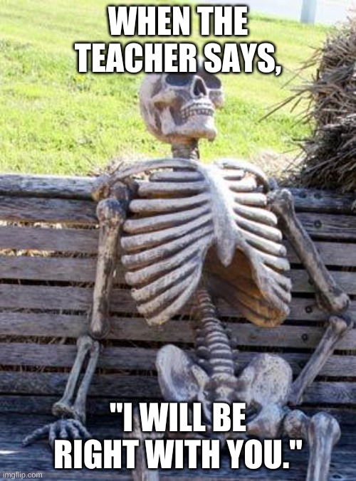 Teacher is too S L O W | WHEN THE TEACHER SAYS, "I WILL BE RIGHT WITH YOU." | image tagged in memes,waiting skeleton | made w/ Imgflip meme maker