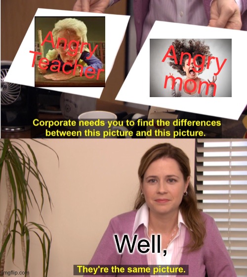 SameSame | Angry Teacher; Angry mom; Well, | image tagged in memes,they're the same picture | made w/ Imgflip meme maker