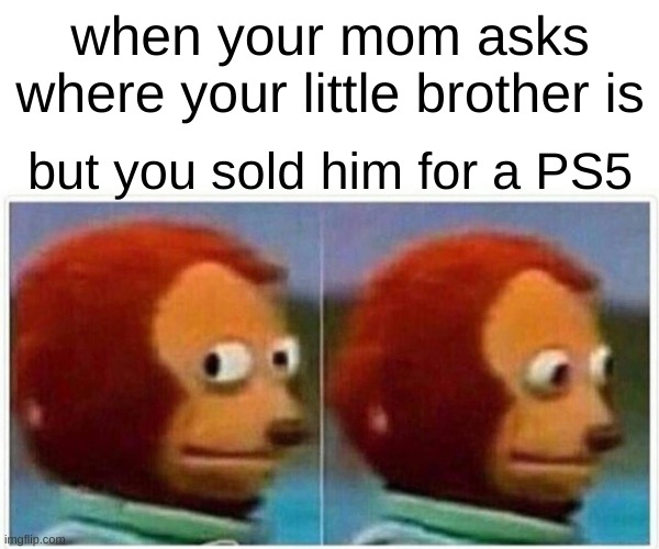 Monkey Puppet Meme | when your mom asks where your little brother is; but you sold him for a PS5 | image tagged in memes,monkey puppet | made w/ Imgflip meme maker