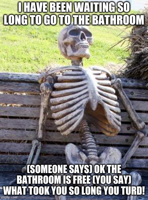 BATHROOM BONEY | I HAVE BEEN WAITING SO LONG TO GO TO THE BATHROOM; (SOMEONE SAYS) OK THE BATHROOM IS FREE (YOU SAY) WHAT TOOK YOU SO LONG YOU TURD! | image tagged in memes,waiting skeleton | made w/ Imgflip meme maker