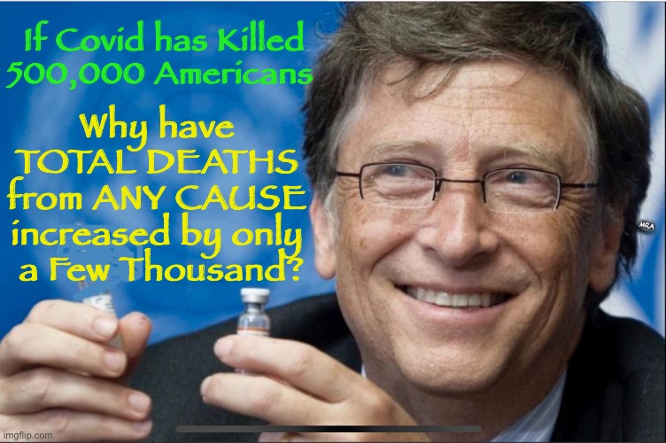 No EXCESS Deaths      •      <neverwoke> | If Covid has Killed 500,000 Americans; Why have 
TOTAL DEATHS 
from ANY CAUSE 
increased by only 
a Few Thousand? MRA | image tagged in bill gates covid,its just a flu,scamdemic,ccp virus,globalists suck,demonrats | made w/ Imgflip meme maker