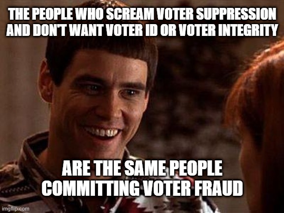 Liberals Hate Voter Integrity | THE PEOPLE WHO SCREAM VOTER SUPPRESSION
AND DON'T WANT VOTER ID OR VOTER INTEGRITY; ARE THE SAME PEOPLE COMMITTING VOTER FRAUD | image tagged in dumb and dumber | made w/ Imgflip meme maker