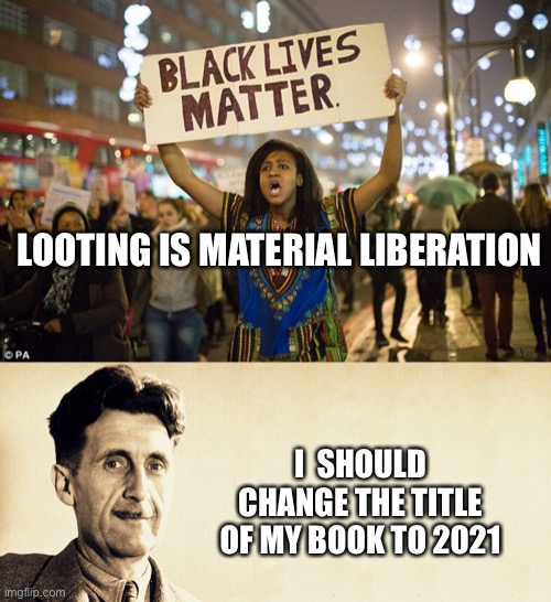 2021 | LOOTING IS MATERIAL LIBERATION; I  SHOULD CHANGE THE TITLE OF MY BOOK TO 2021 | image tagged in black lies matter,george orwell | made w/ Imgflip meme maker