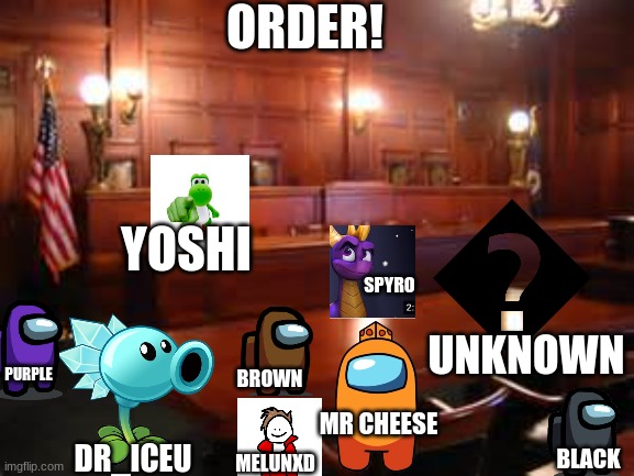 COURT STARTS NOW! | ORDER! YOSHI; SPYRO; UNKNOWN; PURPLE; BROWN; MR CHEESE; DR_ICEU; BLACK; MELUNXD | image tagged in courtroom | made w/ Imgflip meme maker