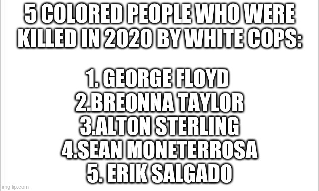 stop the hate | 5 COLORED PEOPLE WHO WERE KILLED IN 2020 BY WHITE COPS:; 1. GEORGE FLOYD 

2.BREONNA TAYLOR

3.ALTON STERLING

4.SEAN MONETERROSA

5. ERIK SALGADO | image tagged in white background | made w/ Imgflip meme maker