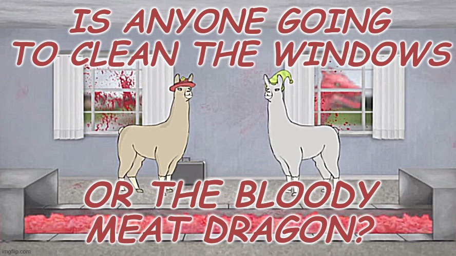 Anyone? |  IS ANYONE GOING TO CLEAN THE WINDOWS; OR THE BLOODY MEAT DRAGON? | image tagged in please,blood,llamas with hats | made w/ Imgflip meme maker