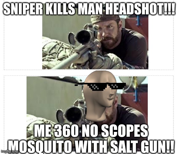 WOAH | SNIPER KILLS MAN HEADSHOT!!! ME 360 NO SCOPES MOSQUITO WITH SALT GUN!! | image tagged in upvote | made w/ Imgflip meme maker