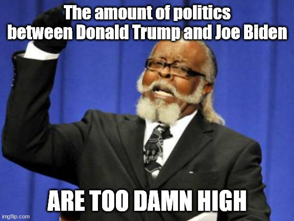 why can't we just say someones the president and be done with it? | The amount of politics between Donald Trump and Joe Biden; ARE TOO DAMN HIGH | image tagged in 2020,joe biden,donald trump,president,political meme | made w/ Imgflip meme maker