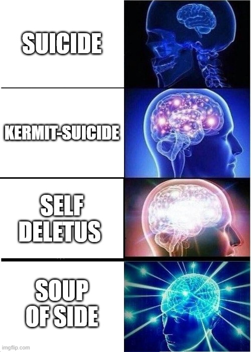 Expanding Brain | SUICIDE; KERMIT-SUICIDE; SELF DELETUS; SOUP OF SIDE | image tagged in memes,expanding brain,soup,kermit suicide | made w/ Imgflip meme maker
