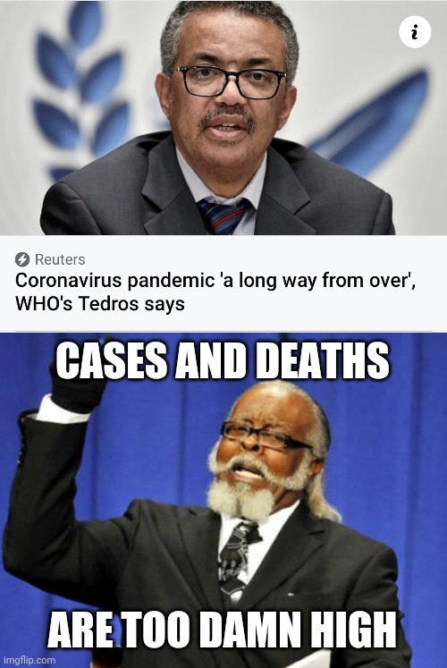 THE FINAL BOSS IS NOT DEFEATED YET. >:'( | CASES AND DEATHS; ARE TOO DAMN HIGH | image tagged in memes,too damn high,coronavirus,covid-19,pandemic,who | made w/ Imgflip meme maker