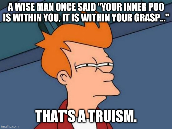 Futurama Fry Meme | A WISE MAN ONCE SAID "YOUR INNER POO IS WITHIN YOU, IT IS WITHIN YOUR GRASP..."; THAT'S A TRUISM. | image tagged in memes,futurama fry | made w/ Imgflip meme maker