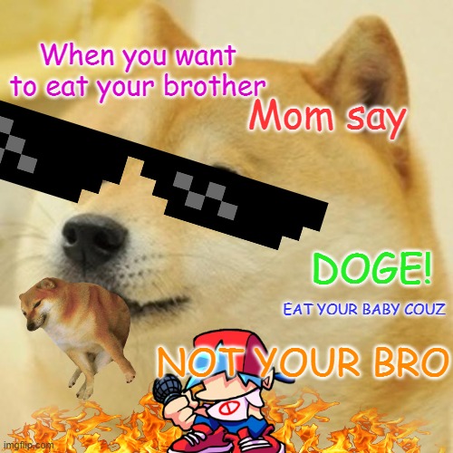 Doge Eats couzin not brother. | When you want to eat your brother; Mom say; DOGE! EAT YOUR BABY COUZ; NOT YOUR BRO | image tagged in memes,doge,cheems | made w/ Imgflip meme maker