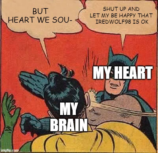 for my friend. hope your ok | BUT HEART WE SOU-; SHUT UP AND LET MY BE HAPPY THAT  IREDWOLF98 IS OK; MY HEART; MY BRAIN | image tagged in memes,batman slapping robin | made w/ Imgflip meme maker