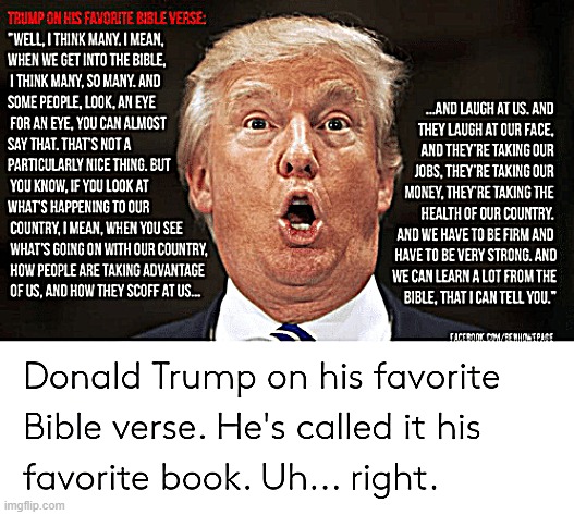 Donald Trump's favorite "bible verse": An eye for an eye. Shocker | image tagged in donald trump bible | made w/ Imgflip meme maker
