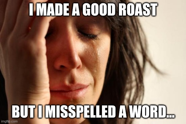 First World Problems Meme | I MADE A GOOD ROAST BUT I MISSPELLED A WORD... | image tagged in memes,first world problems | made w/ Imgflip meme maker