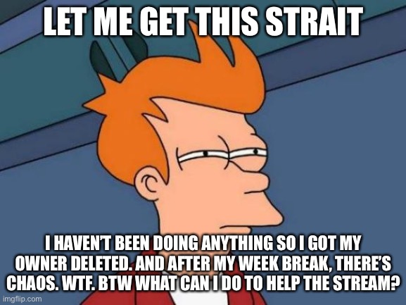 Ugh | LET ME GET THIS STRAIT; I HAVEN’T BEEN DOING ANYTHING SO I GOT MY OWNER DELETED. AND AFTER MY WEEK BREAK, THERE’S CHAOS. WTF. BTW WHAT CAN I DO TO HELP THE STREAM? | image tagged in memes,futurama fry | made w/ Imgflip meme maker