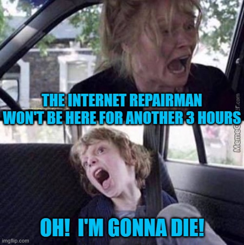 Why can't you just be normal (blank) | THE INTERNET REPAIRMAN WON'T BE HERE FOR ANOTHER 3 HOURS; OH!  I'M GONNA DIE! | image tagged in why can't you just be normal blank | made w/ Imgflip meme maker