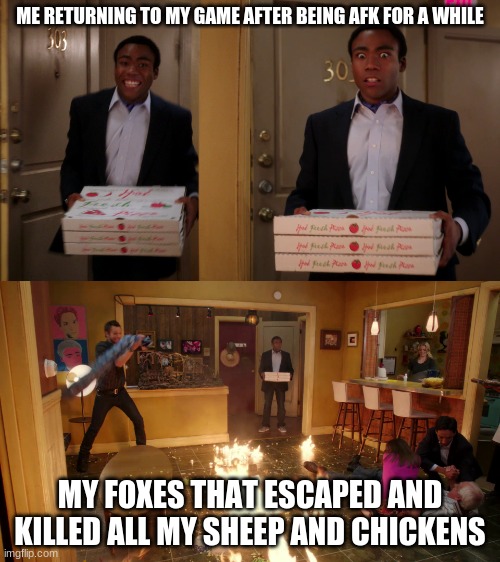 This happened to me once. Not sure how the foxes escaped, i must have left the door open. | ME RETURNING TO MY GAME AFTER BEING AFK FOR A WHILE; MY FOXES THAT ESCAPED AND KILLED ALL MY SHEEP AND CHICKENS | image tagged in community troy pizza meme,minecraft steve,foxes,chicken,sheep | made w/ Imgflip meme maker