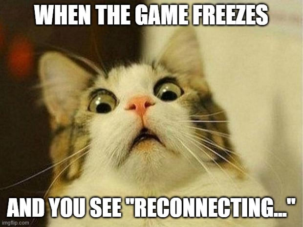 Reconnecting | WHEN THE GAME FREEZES; AND YOU SEE "RECONNECTING..." | image tagged in memes,scared cat | made w/ Imgflip meme maker