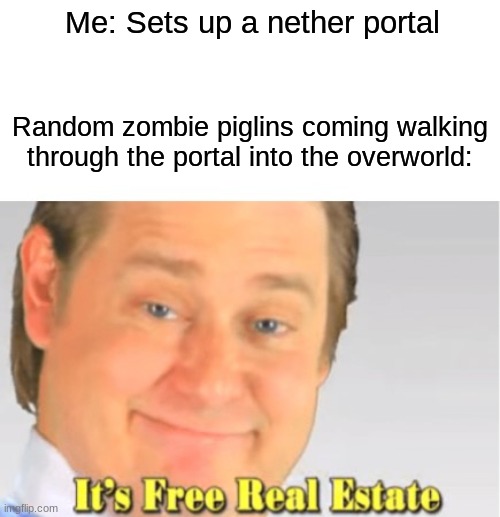 Ever had tons of piglins just randomly appear from the portal? | Me: Sets up a nether portal; Random zombie piglins coming walking through the portal into the overworld: | image tagged in it's free real estate,zombie,piglet,minecraft,nether | made w/ Imgflip meme maker