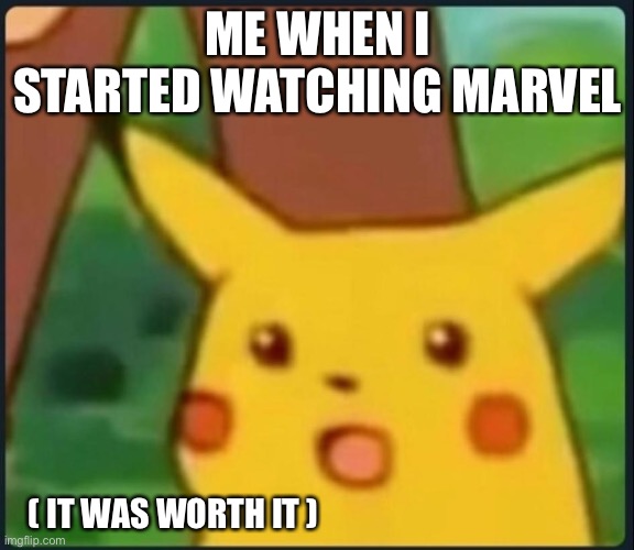 Surprised Pikachu | ME WHEN I STARTED WATCHING MARVEL; ( IT WAS WORTH IT ) | image tagged in surprised pikachu | made w/ Imgflip meme maker
