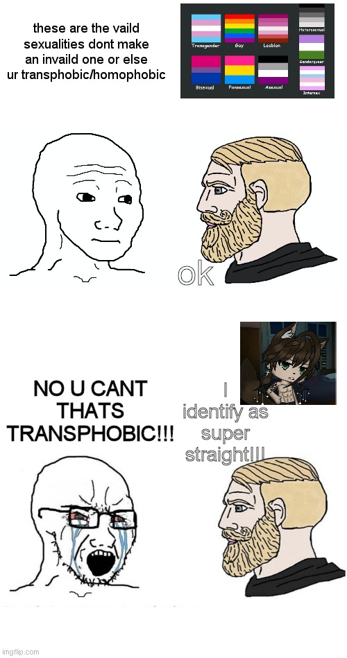 transphobic tiktok be like: | these are the vaild sexualities dont make an invaild one or else ur transphobic/homophobic; ok; NO U CANT THATS TRANSPHOBIC!!! I identify as super straight!!! | image tagged in soyboy vs yes chad,lgbtq,no hater tater,transphobic,funny not funny | made w/ Imgflip meme maker