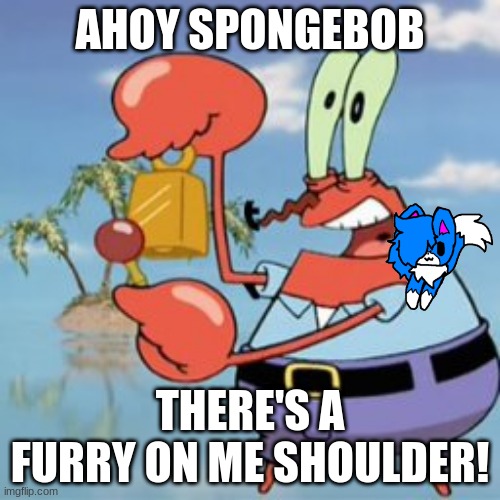 Mr Krabs: Give It Up | AHOY SPONGEBOB; THERE'S A FURRY ON ME SHOULDER! | image tagged in mr krabs give it up | made w/ Imgflip meme maker