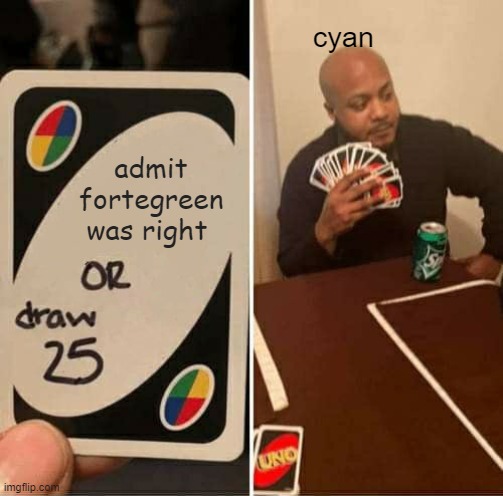 Cyan | cyan; admit fortegreen was right | image tagged in memes,uno draw 25 cards | made w/ Imgflip meme maker