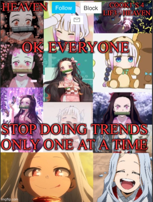 *Visible confision* | OK EVERYONE; STOP DOING TRENDS ONLY ONE AT A TIME | image tagged in heavens temp adorable | made w/ Imgflip meme maker