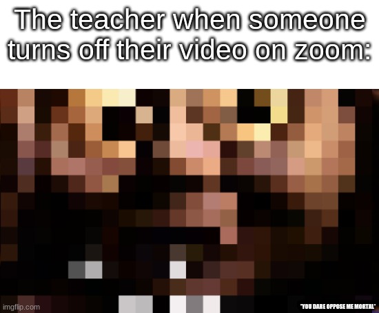 The teacher when someone turns off their video on zoom:; *YOU DARE OPPOSE ME MORTAL* | image tagged in blank white template | made w/ Imgflip meme maker